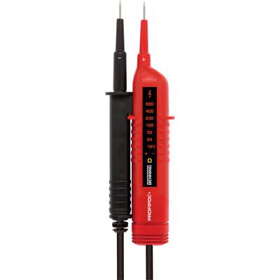 Voltage tester with red and black handle shows voltage readings from 12 to 690 volts. Primarily used for measuring electrical voltage.