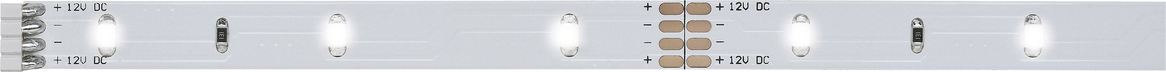 A LED strip with evenly distributed white LEDs and small copper-coloured elements in between, on a white background.