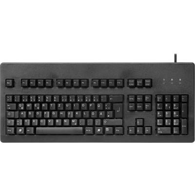 A black computer keyboard with a German QWERTZ layout, numeric keypad on the right, function keys at the top.