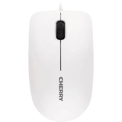White computer mouse with cable and the text 'CHERRY' in black lettering on top.