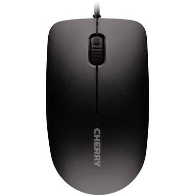 Black computer mouse with cable, scroll wheel and the inscription 'CHERRY' on the front.