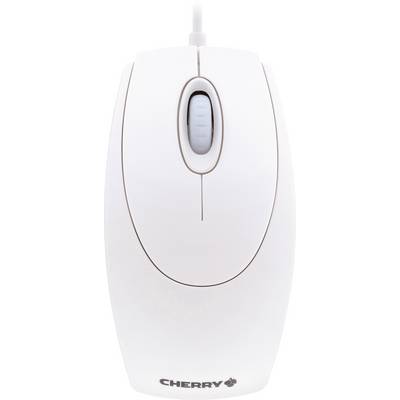 White wired computer mouse with a scroll wheel in the middle, 'CHERRY' brand visible on the front.