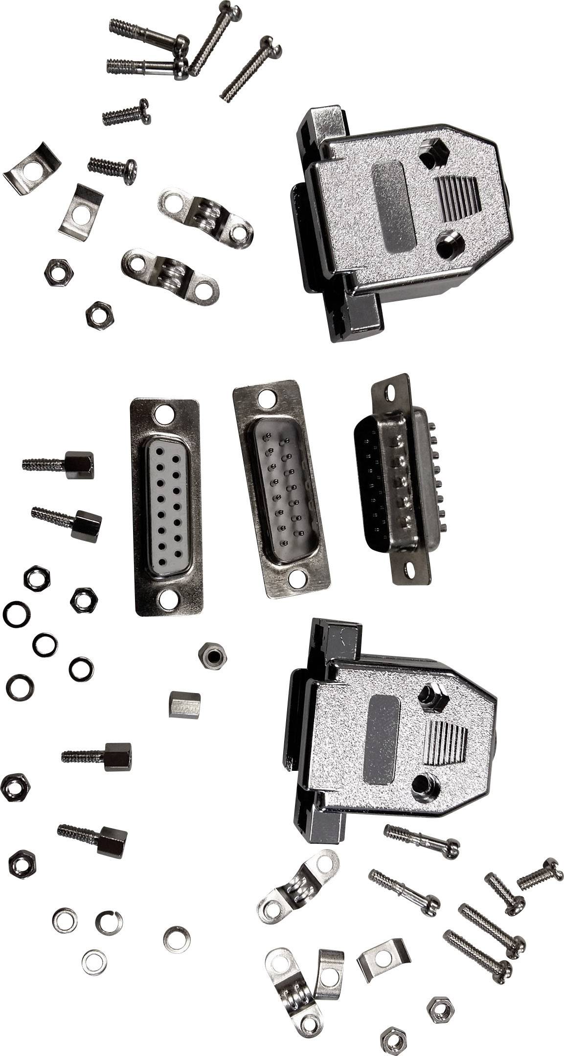 A kit containing two D-sub connectors, housings, and mounting hardware such as screws and nuts, placed side by side on a white background.