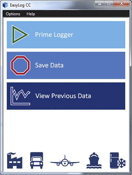 Main screen of the EasyLog software with three options: 'Prime Logger', 'Save Data' and 'View Previous Data', represented by icons.