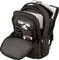 An open black rucksack with multiple compartments, storing a laptop, tablets and accessories such as pens and cables.