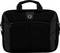 A black laptop bag with a zipped front pocket, carry handle, and logo on the bag.