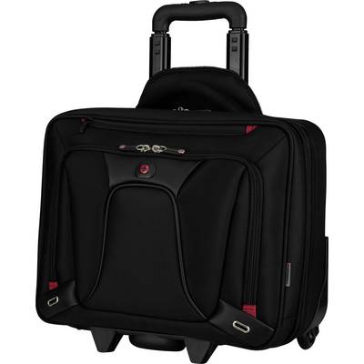 Black wheeled suitcase with multiple compartments, two wheels, and an extendable handle, suitable for travel or business trips.
