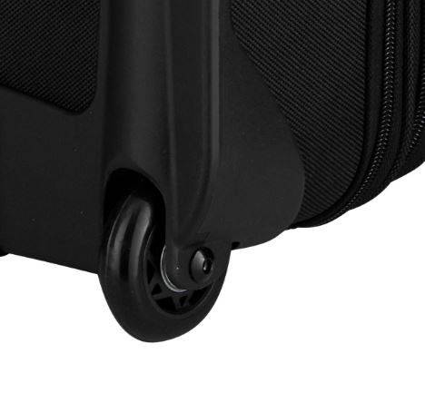 Black wheeled suitcase with detailed close-up of the wheel and zip.