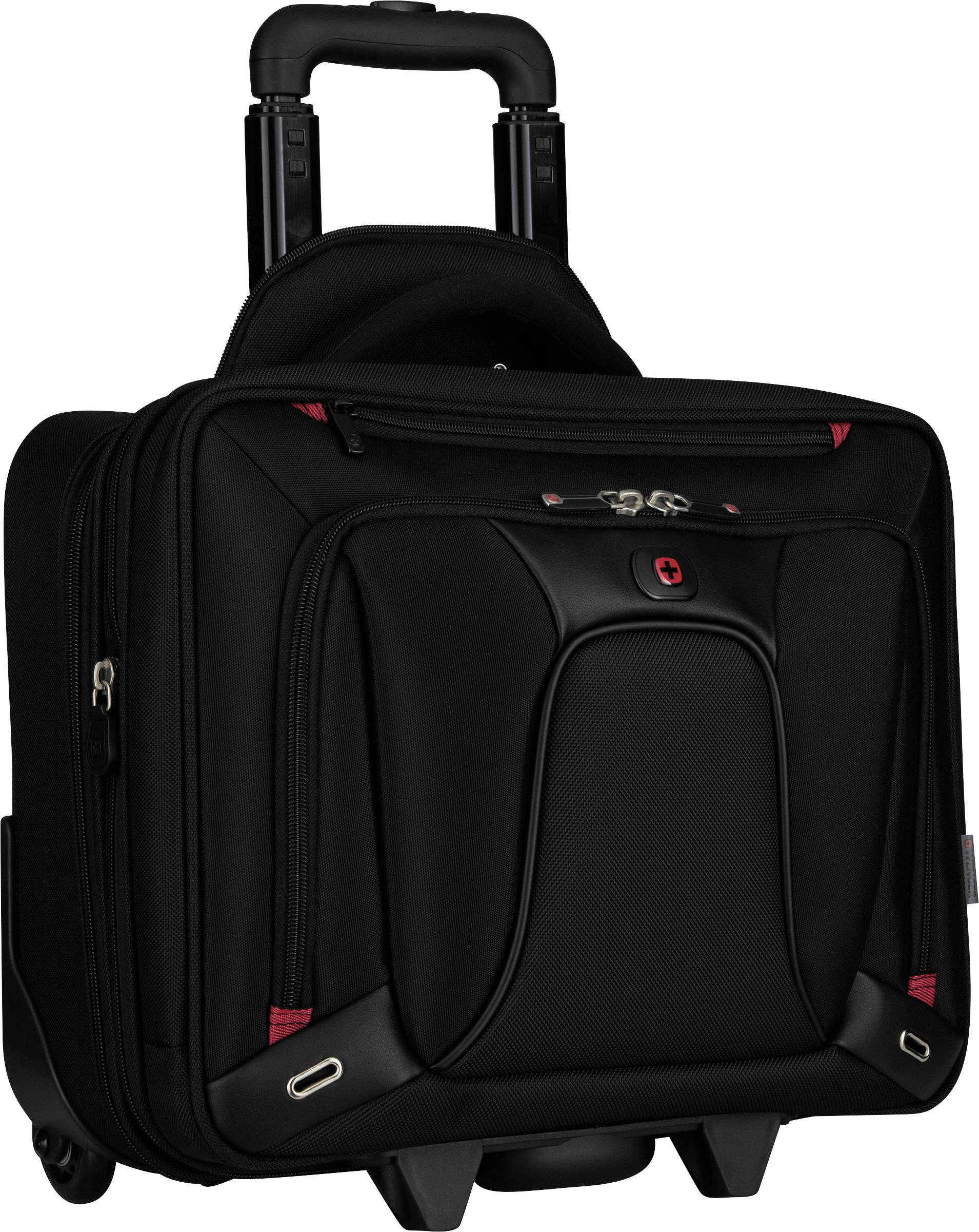 Black rolling suitcase with handle and multiple zip compartments, suitable for business trips or as cabin luggage on aeroplanes.
