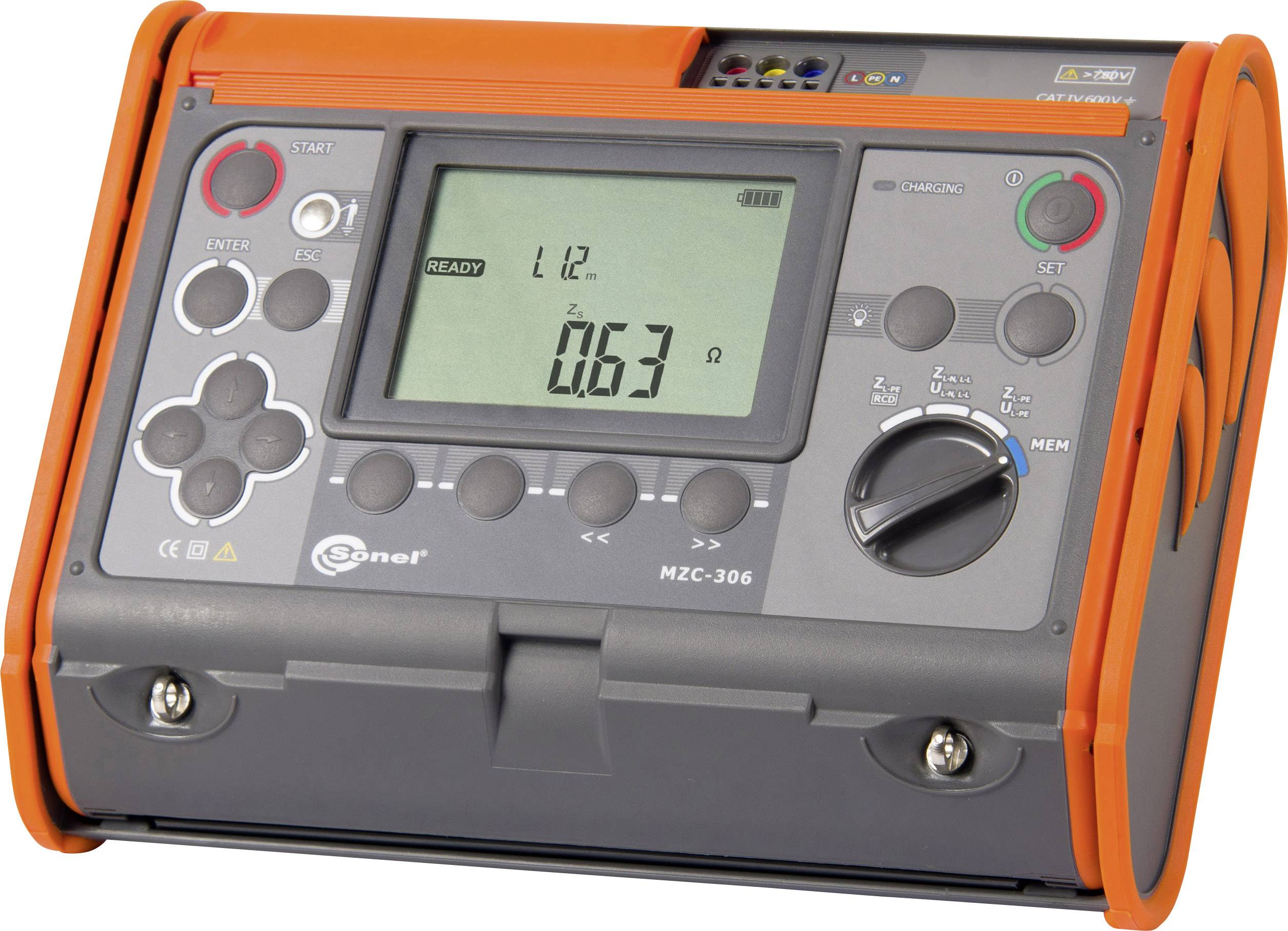 Electric measuring instrument with digital display, showing measurement in ohms. Surrounded by an orange protective casing.