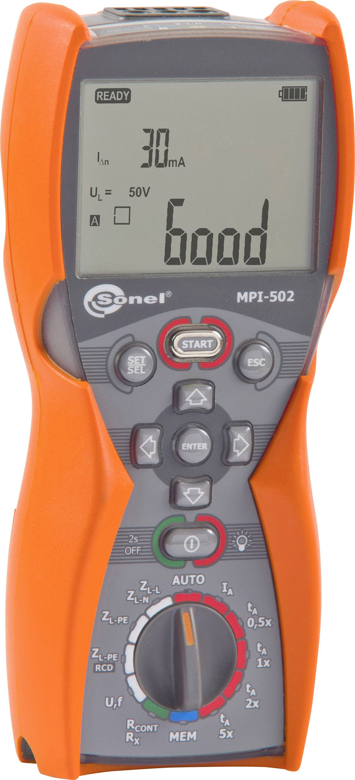 Orange digital test device with display showing 'Good', keypad for control and various measurement modes, vertical orientation.