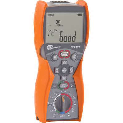 Orange digital test device with display showing 'Good', keypad for control and various measurement modes, vertical orientation.