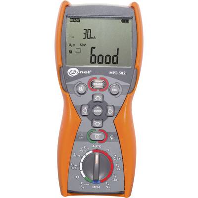A digital testing device with a display shows '30 mA' and 'Good'. It has control buttons and a rotary dial with various settings.