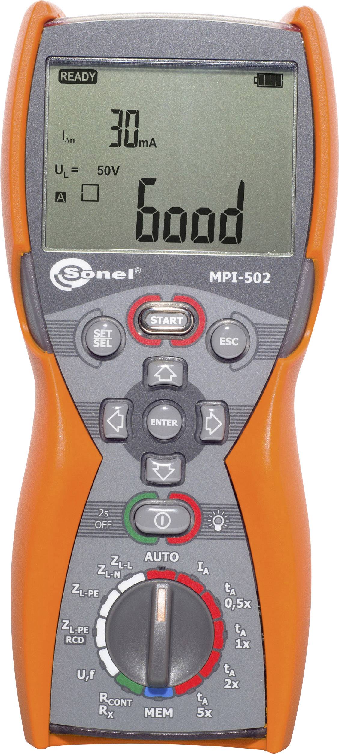 Digital multimeter with display showing '30 mA' and '50V', surrounded by function buttons. Device for electrical measurement.