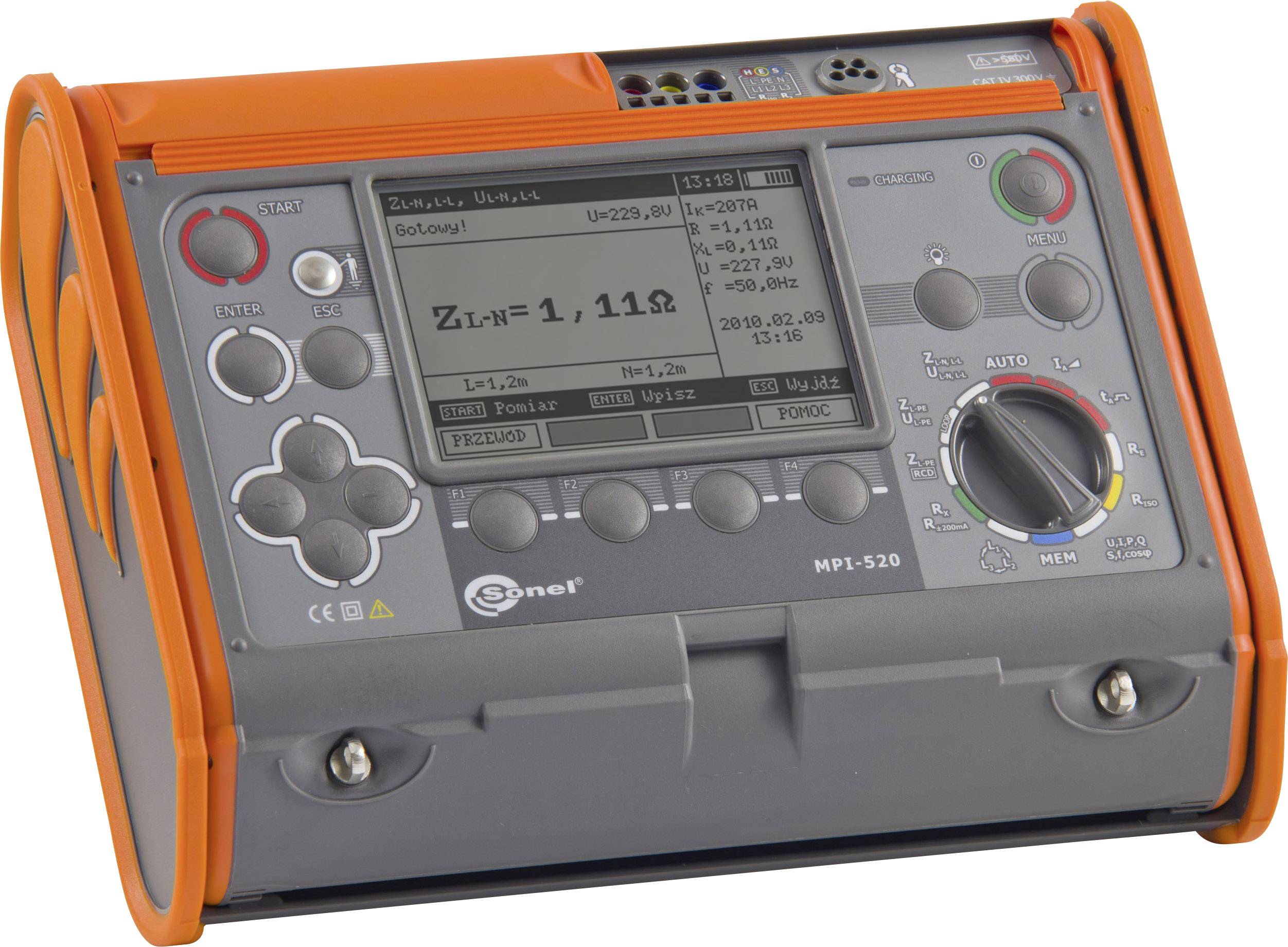 Portable electric test device with display showing 'Z= 1.11 Ω'. Buttons and rotary control for operation on the front panel.
