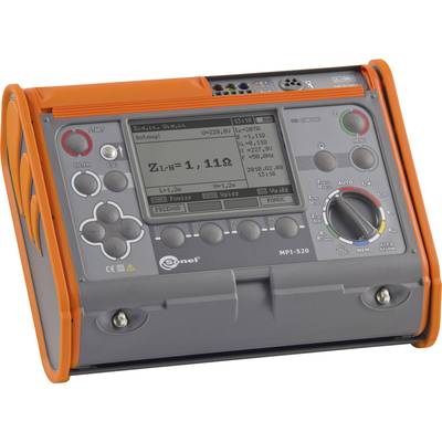 Portable electric test device with display showing 'Z= 1.11 Ω'. Buttons and rotary control for operation on the front panel.