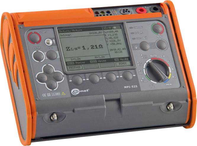 'Multifunction device for electrical measurement, Model MPI-525, shown in the switched-on state with screen displays.'