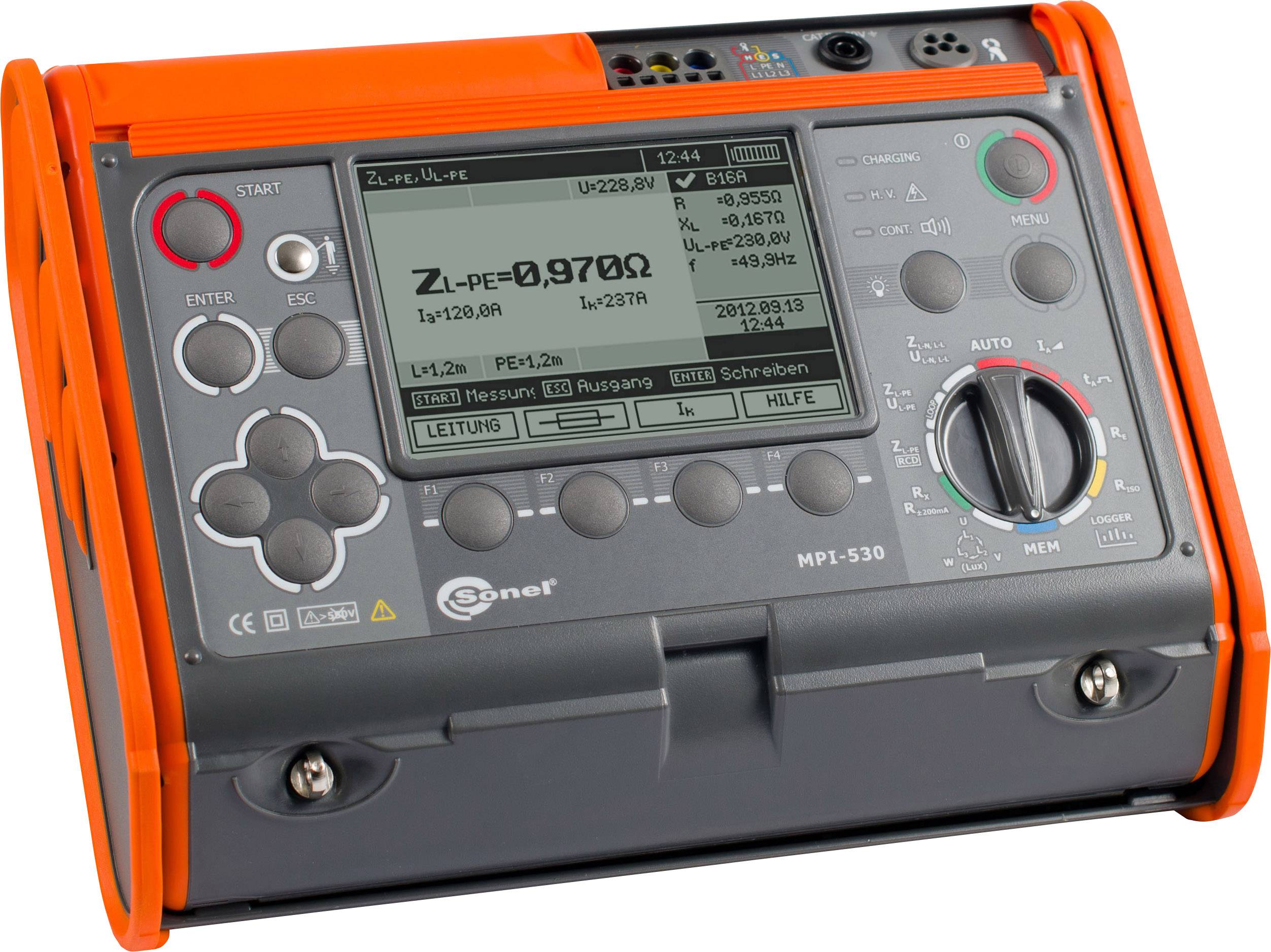 A portable measuring device with a display and buttons, shows resistance measurement ZI-PE: 0.970 Ω, used for electrical testing.
