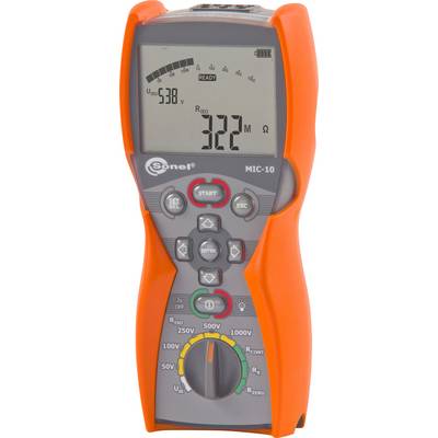 A digital measuring device with an orange casing displays on its screen: Voltage 538 V, Resistance 322 MΩ. Operational buttons located underneath.