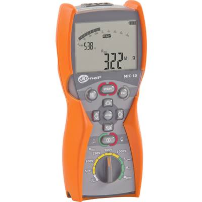 A digital insulation testing meter with an orange casing displays '538 V' and '322 MΩ' on its screen.