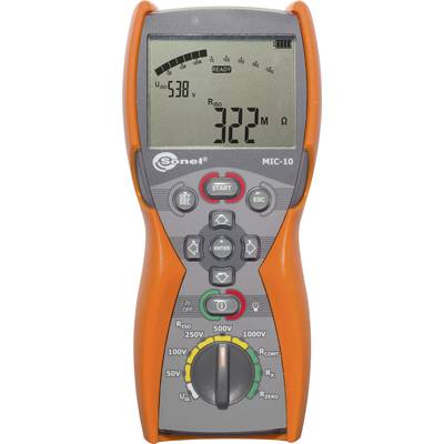 A digital insulation measuring device with an orange casing displays a measured value of 3.22 MΩ on the display.
