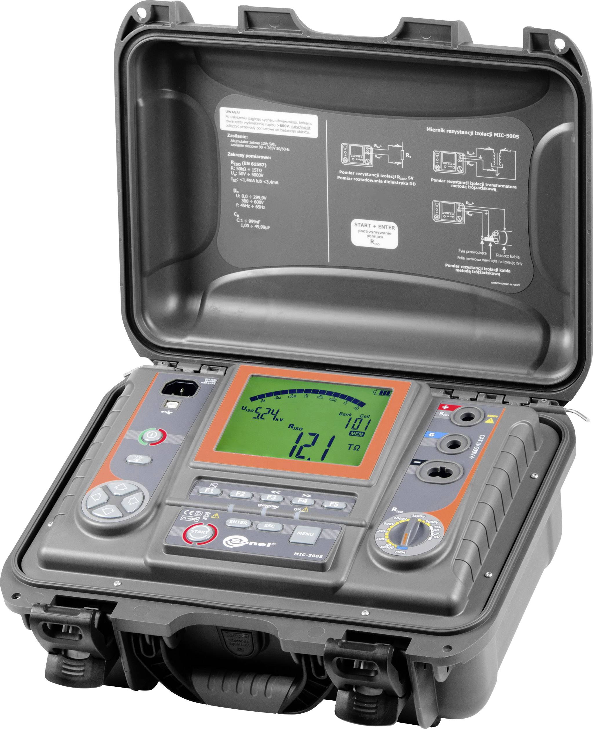 The image shows a portable electrical testing device in an open case. The display indicates measurement values and operating controls are visible.