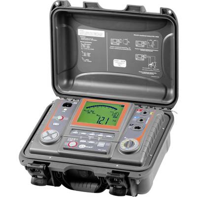 The image shows a portable electrical testing device in an open case. The display indicates measurement values and operating controls are visible.
