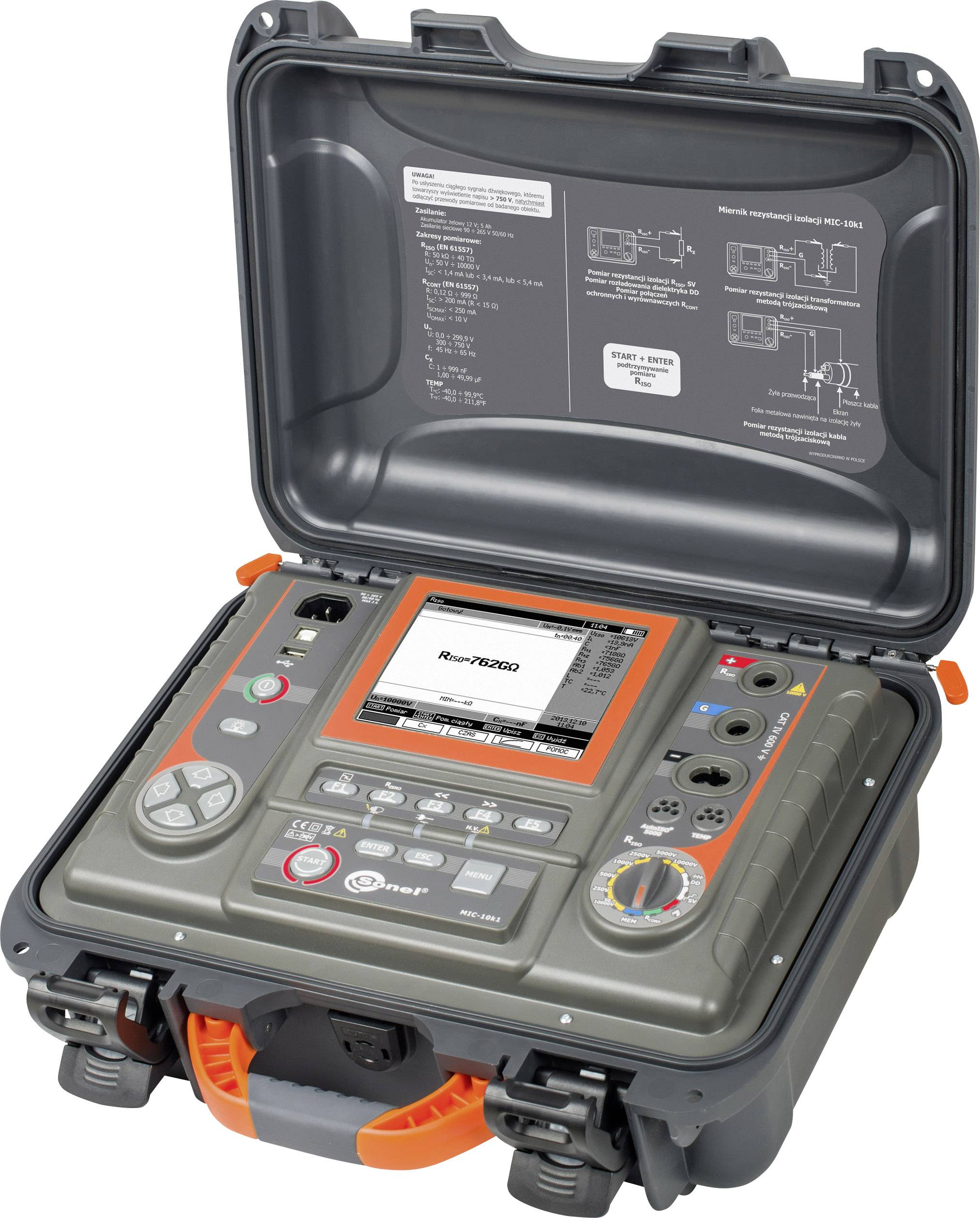 A portable measuring device with an open protective cover, displaying a screen and various control elements for electrical testing.