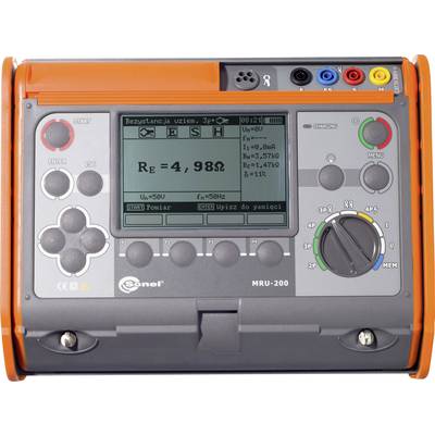 An orange and black electrical measuring device with a display shows an earth resistance measurement of 'RE = 4.982' ohms. It has various control buttons and connections.
