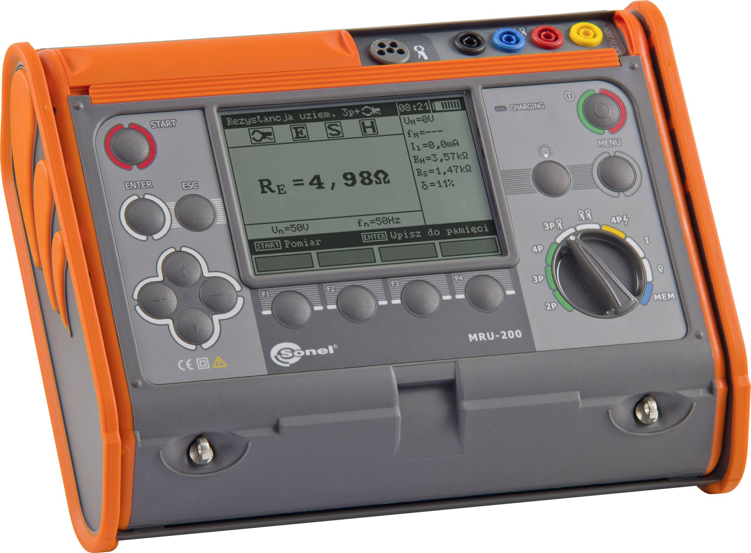 Digital measuring device with display, buttons and rotary knob. The screen shows the measured earth resistance of '4.98 Ω'.