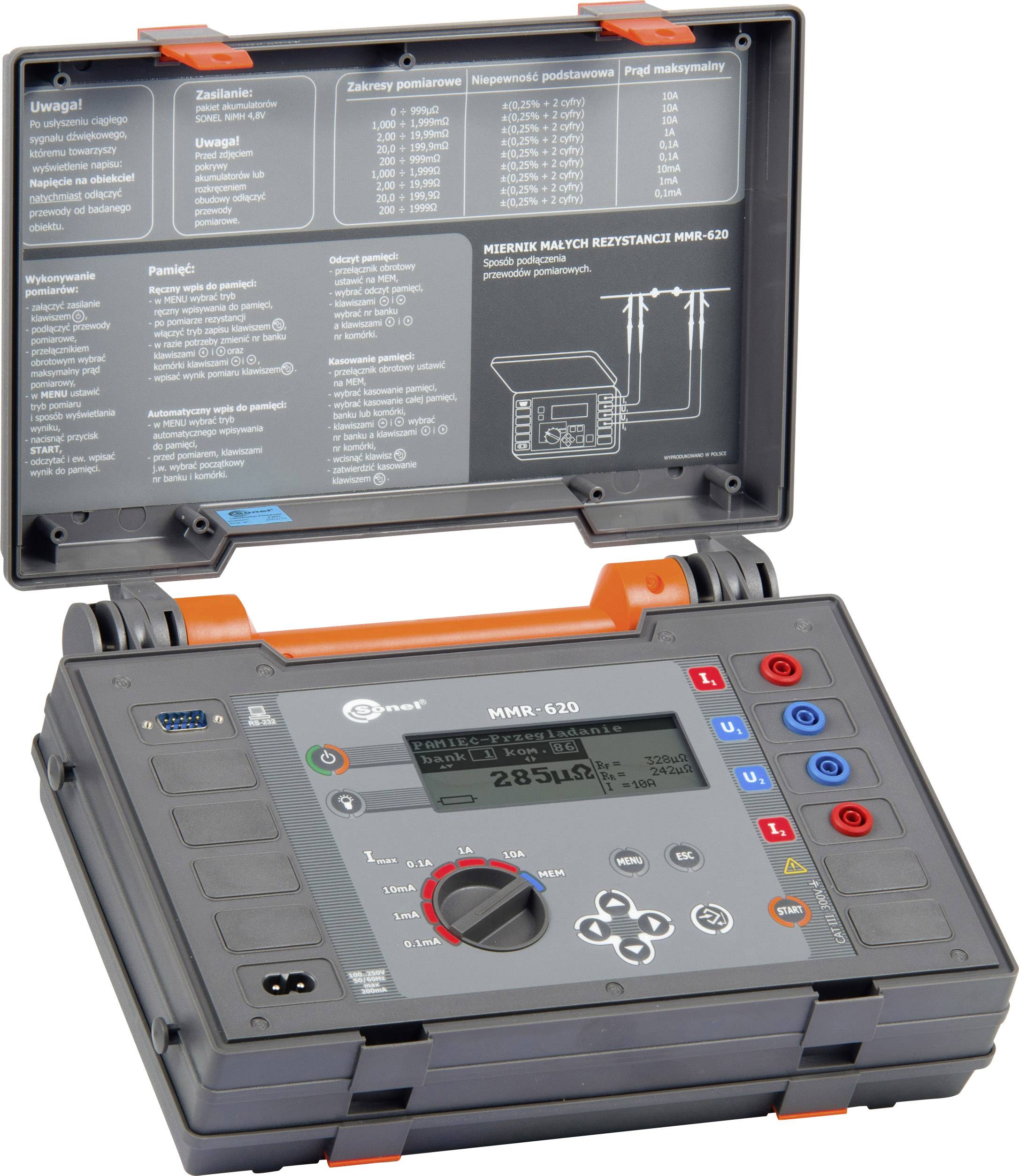 A digital measuring device with an open lid, showing controls and connections. Inscription: 'MEASURING SMALL RESISTANCES MMR-620'.
