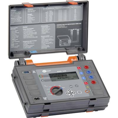 A digital measuring device with an open lid, showing controls and connections. Inscription: 'MEASURING SMALL RESISTANCES MMR-620'.