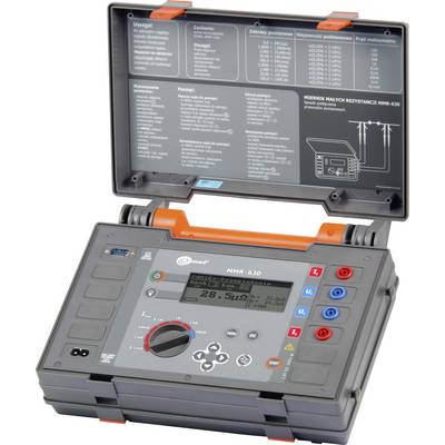 A resistance measuring device with an open lid displays a screen with numbers. Instructions and technical information are visible at the top.
