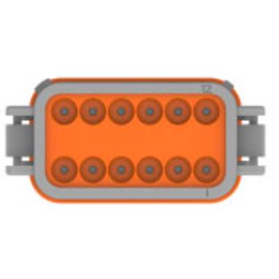 Orange and grey rectangular plug with ten round socket slots, symmetrically arranged.