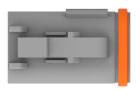 Grey rectangular object with an orange edge, viewed from above. The shape and position suggest a mechanical component.