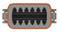 'Image of an electrical connector with a rectangular shape and multiple black pins, enclosed within a grey housing with an orange border.'