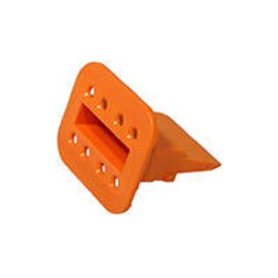 An orange, right-angled plastic component with a rectangular cut-out and several round holes.