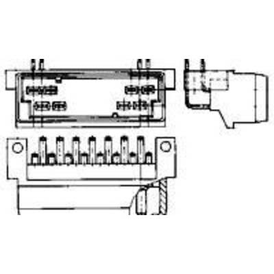 Technical drawing of a connector with multiple pins and connections. Shows connection test points and form from top and side views.