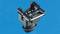 A black, rectangular plastic component on a blue background, seemingly a mechanical part or engineering piece, with no discernible details.