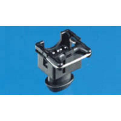 A black plastic component, likely a mounting clip, against a blue background.