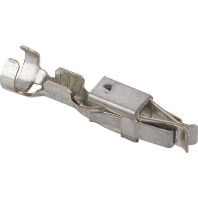 A metallic cable plug with multiple bends and an opening at the front, suitable for electrical connections.