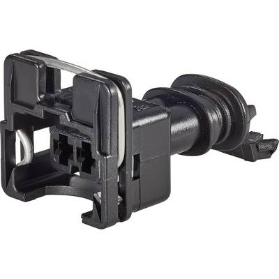 'Close-up of a black plastic plug with two sockets and cable connection, against a white background.'