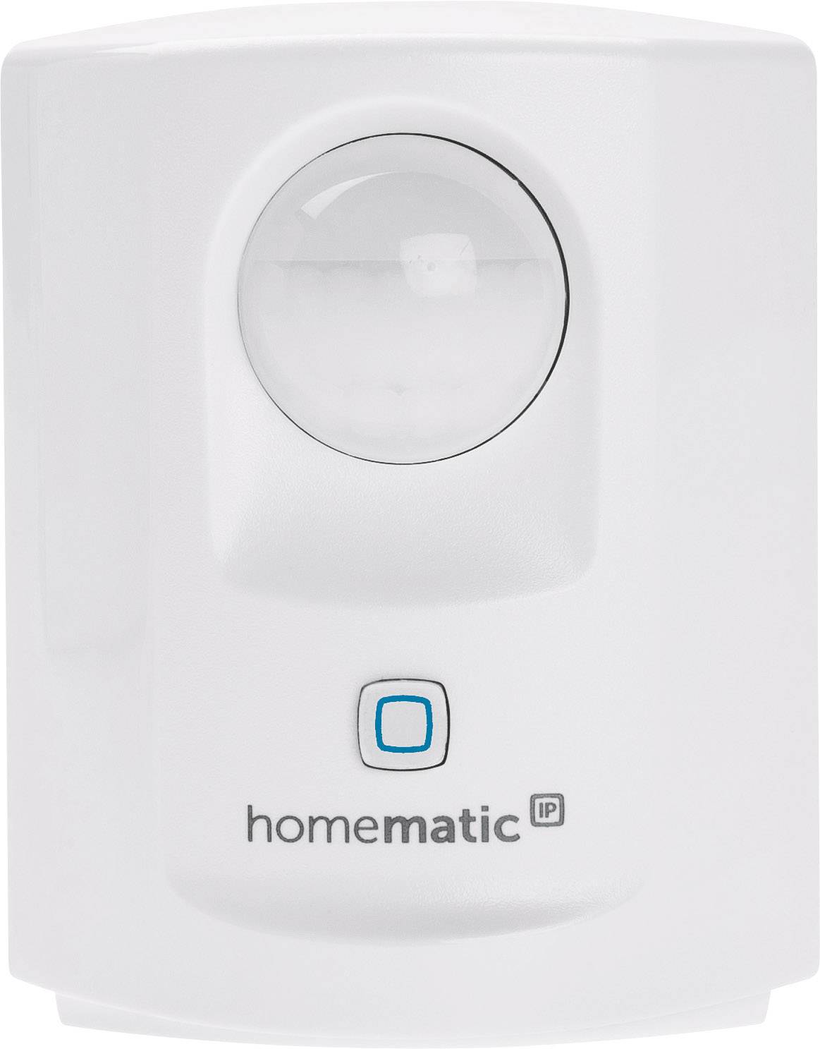 Homematic IP motion sensor, white housing with a blue button, used for security in smart home systems.