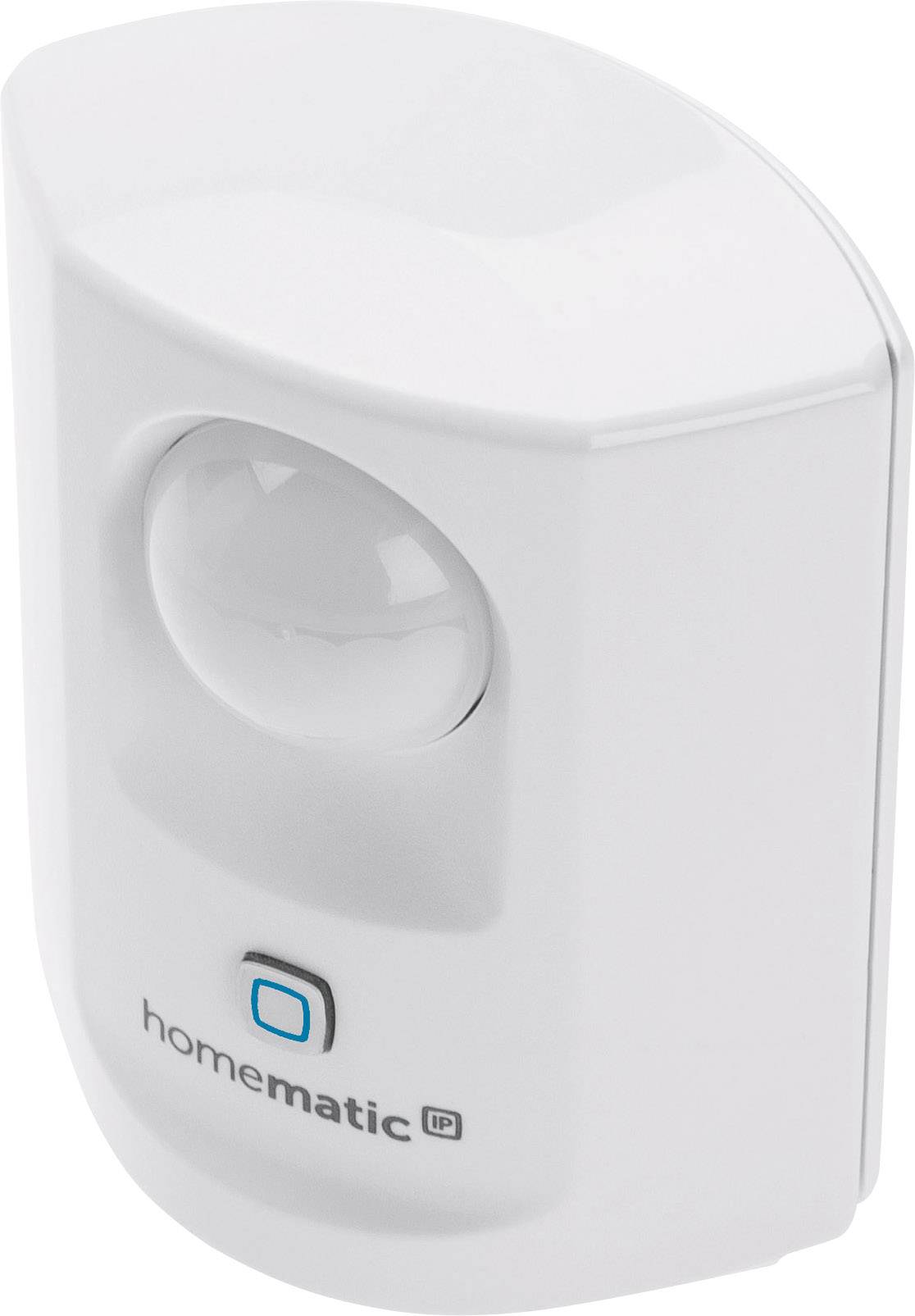 A white motion sensor from 'homematic' with a round, transparent sensor area and a blue square beneath it.