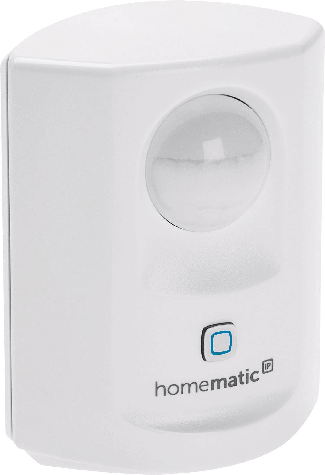 Homematic IP motion sensor in white with detection sensor at the top and square button underneath.