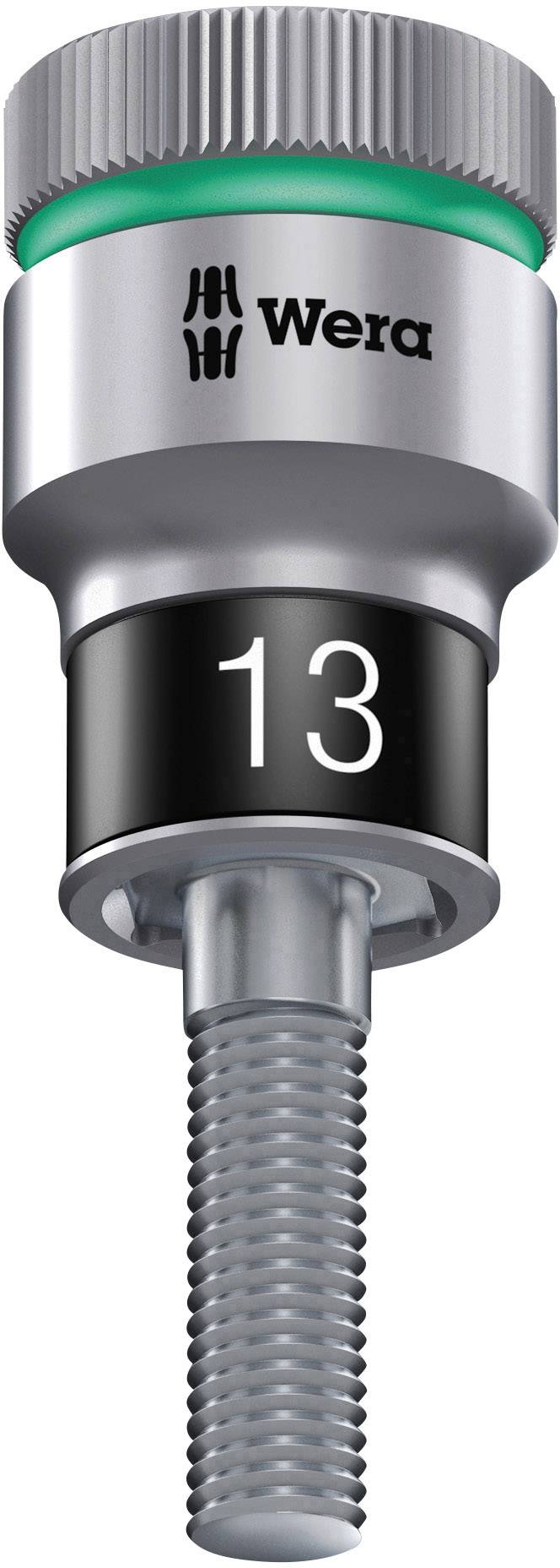 A silver knurled nut with a ridged edge, the number '13' and a green ring, manufactured by Wera. Contains a secured screw.
