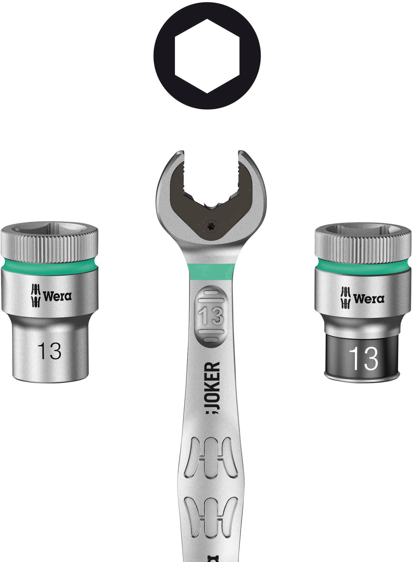 A spanner in the middle with two sockets on the sides, all marked with '13', designated for tool use.