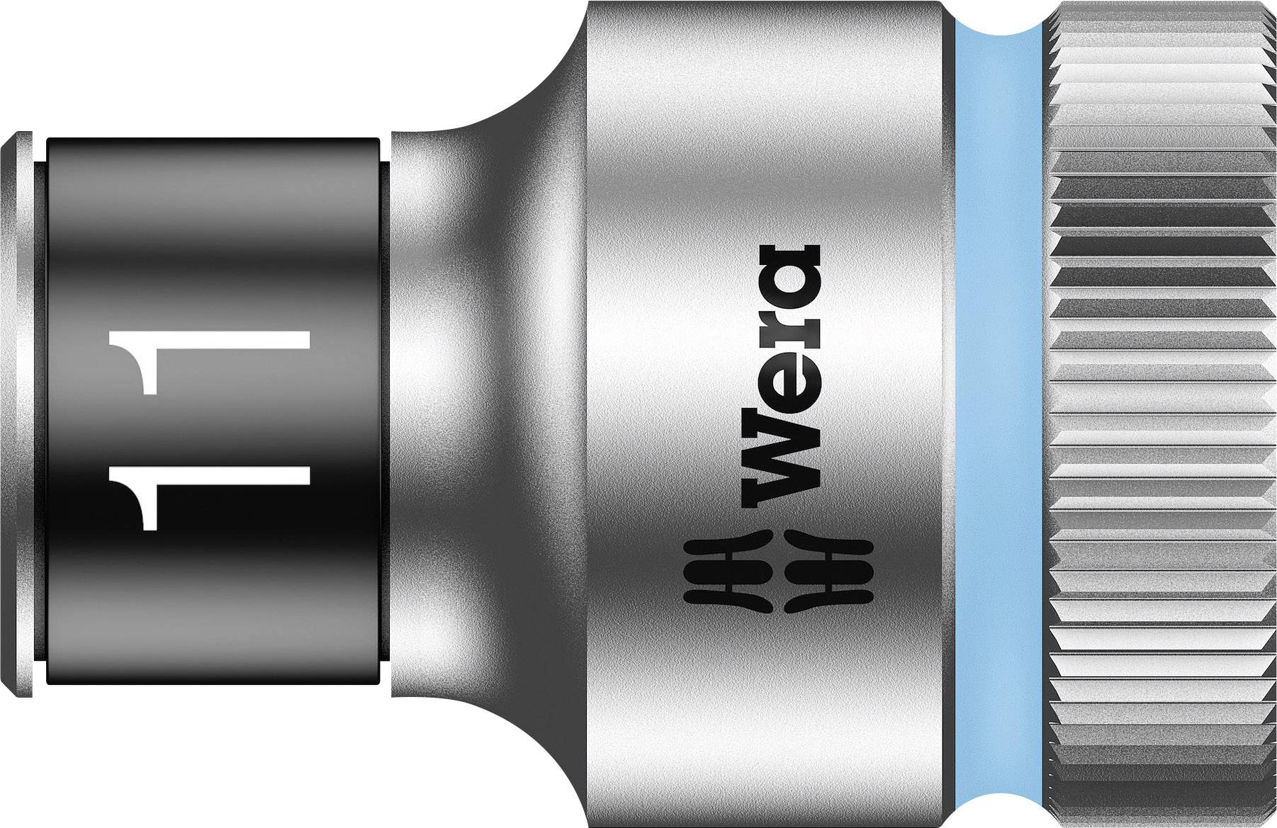 A close-up of a socket bit with the number '11' and the brand name 'Wera'. The bit is silver with a blue ring.