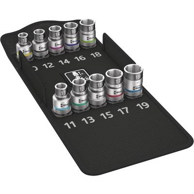 The image shows Wera Zyklop sockets in various sizes on a magnetic mat, ranging from 10 to 19 mm, neatly organised and numbered.