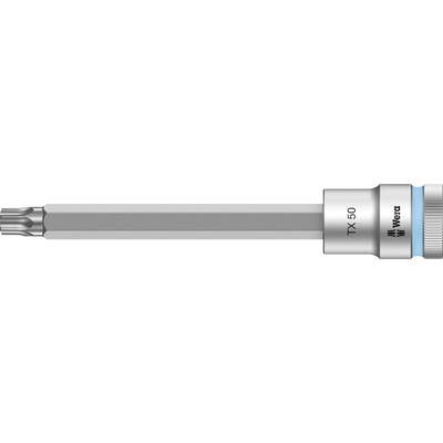 Long screwdriver bit with Torx profile TX 50, silver shaft and blue ring. Brand text 'Wera' on metal area.